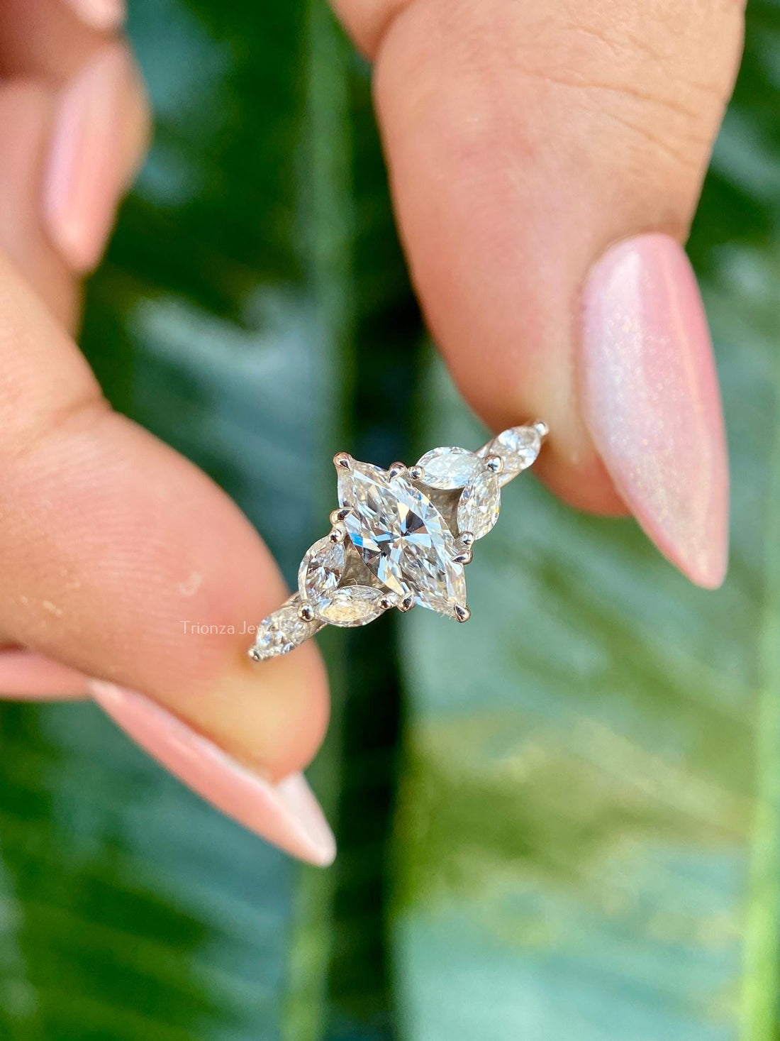 Marquise cut lab grown diamond engagement ring featuring a six claw prong setting for a secure hold