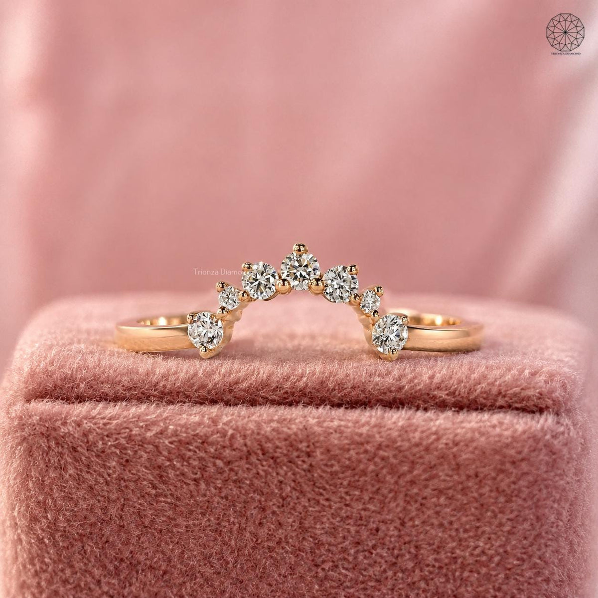 Curved U-shaped wishbone enhancer ring in solid gold with pavé round diamonds