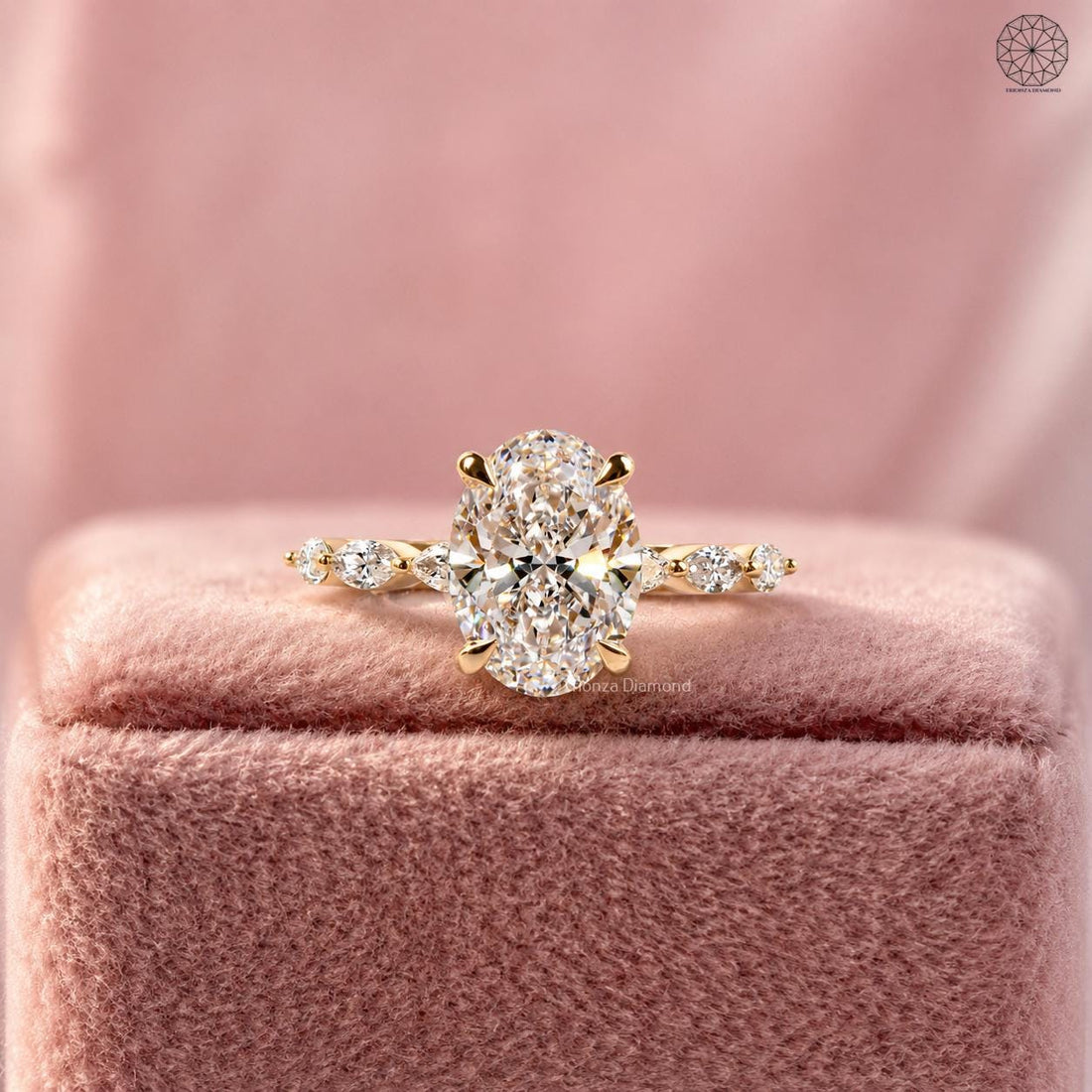 Oval cut lab grown diamond engagement ring with hidden halo and side marquise diamonds in gold