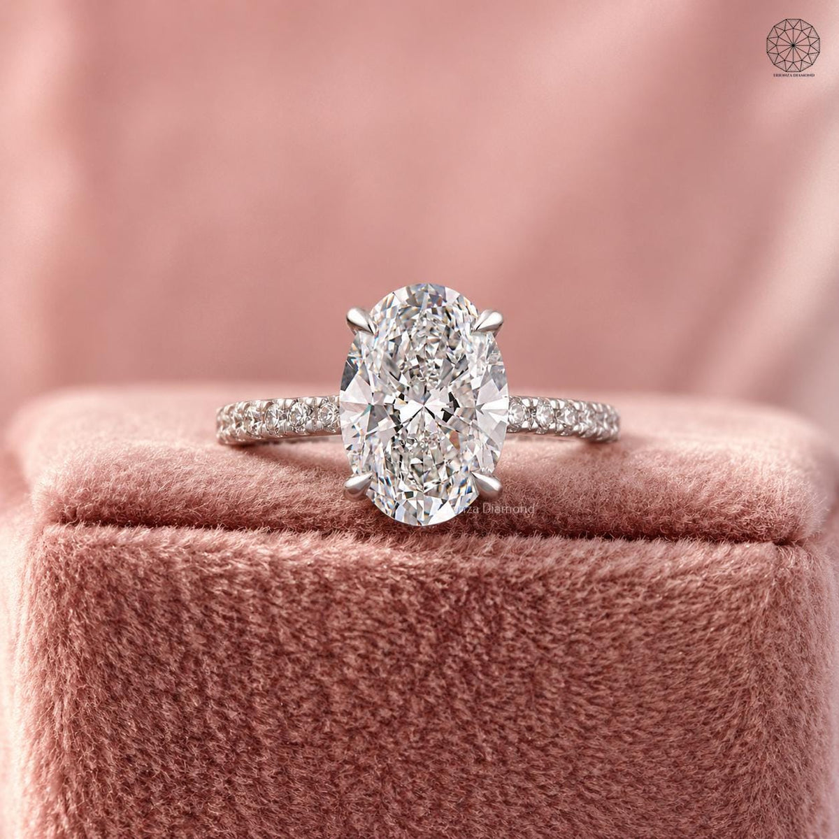 Oval lab grown diamond engagement ring with hidden halo pave setting in 14k yellow gold