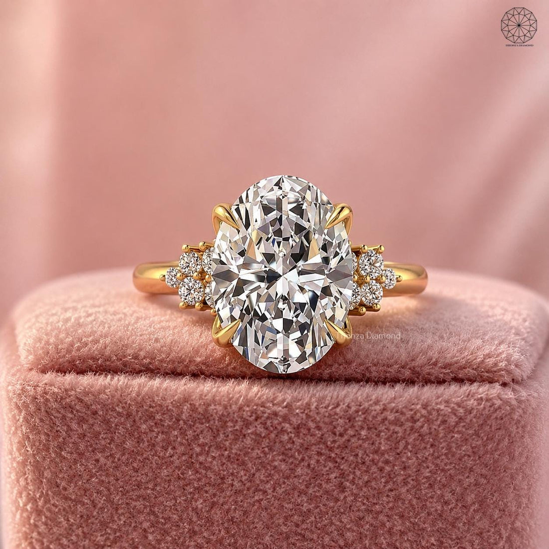 Oval lab grown diamond engagement ring featuring a certified 3 CT center stone in a cluster setting