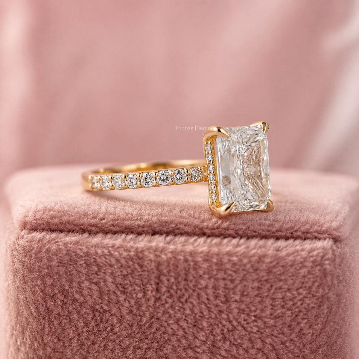 Close-up of the radiant cut lab grown diamond showing its brilliant faceted cut and clarity