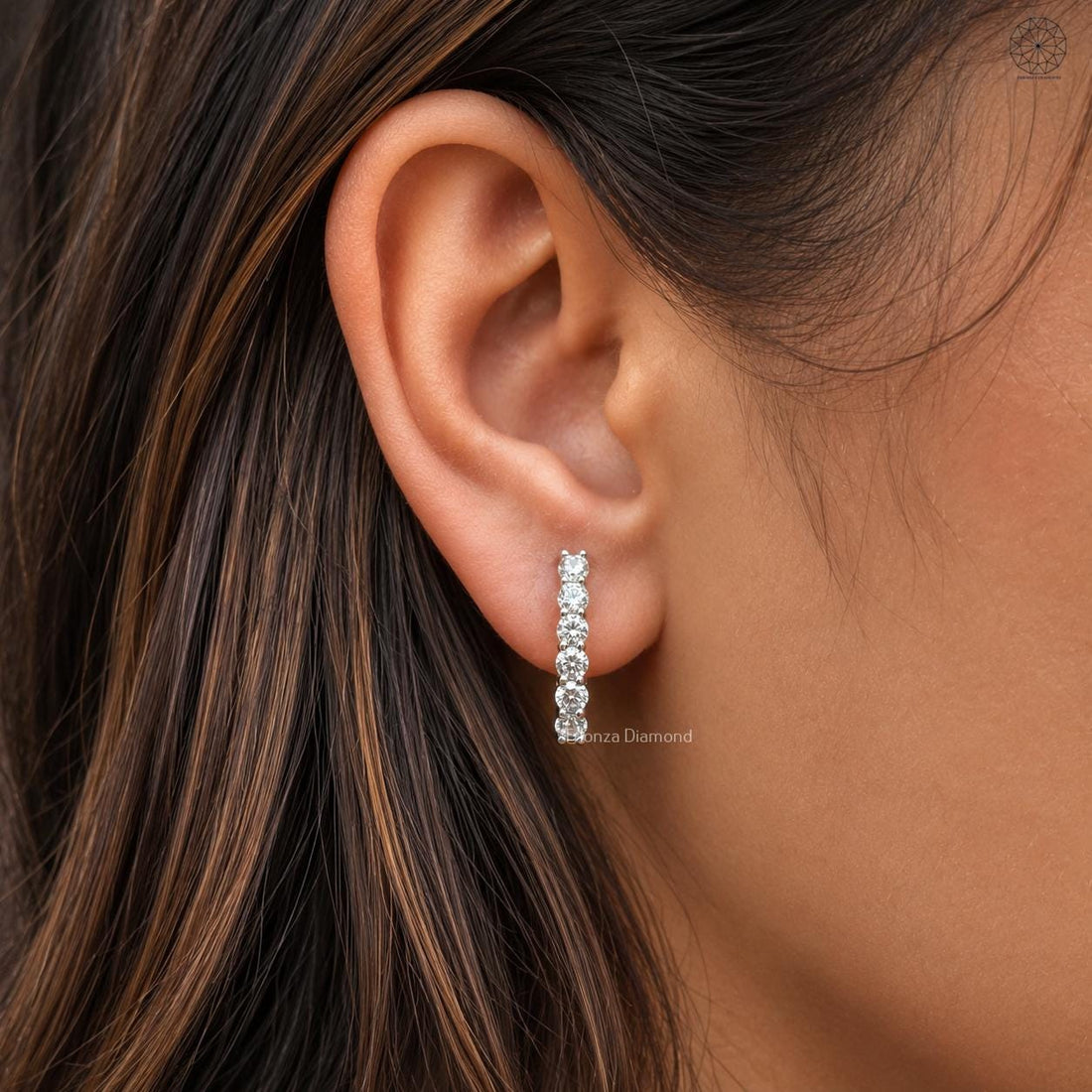 14K gold U-shape huggie hoop earrings featuring round cut lab grown diamonds in a modern design