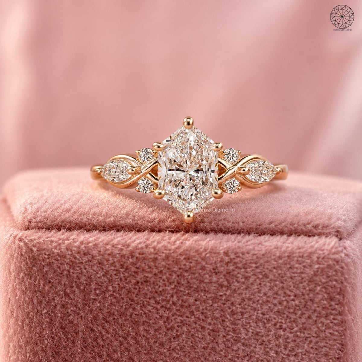 Dutch Marquise cut lab grown diamond engagement ring with antique inspired hexagon shaped design