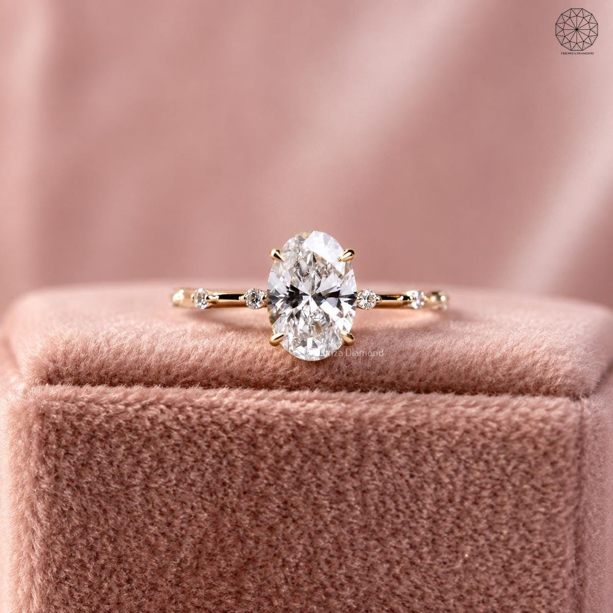 Oval lab grown diamond ring in 14k gold with a nature inspired thin band design