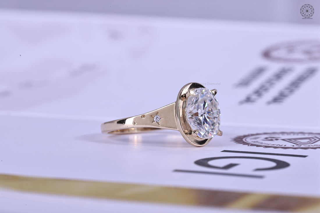 Oval cut lab grown diamond flush set ring in 14K yellow gold showcasing a solitaire design