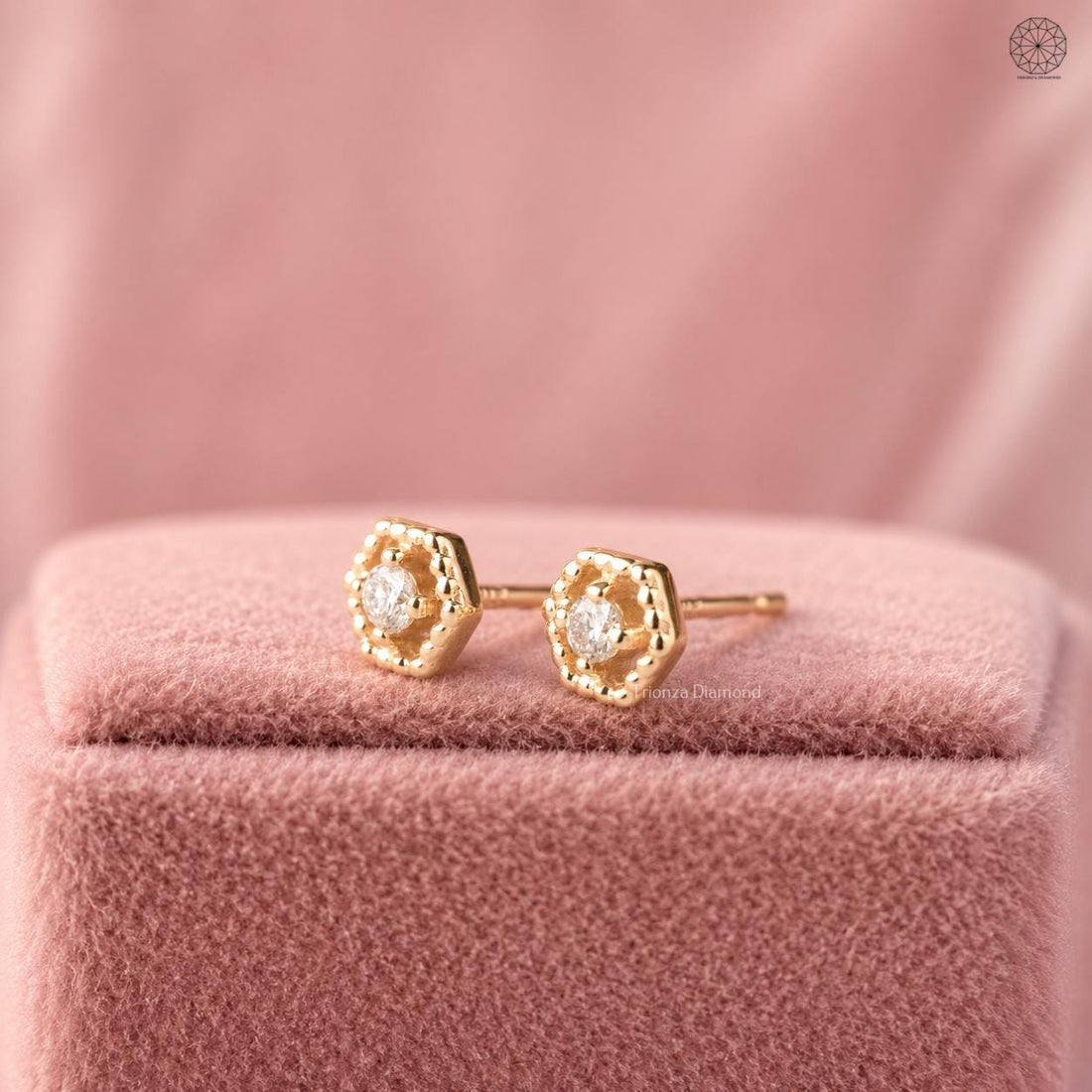 Vintage inspired hexagon diamond stud earrings crafted in 14k solid gold for a dainty look