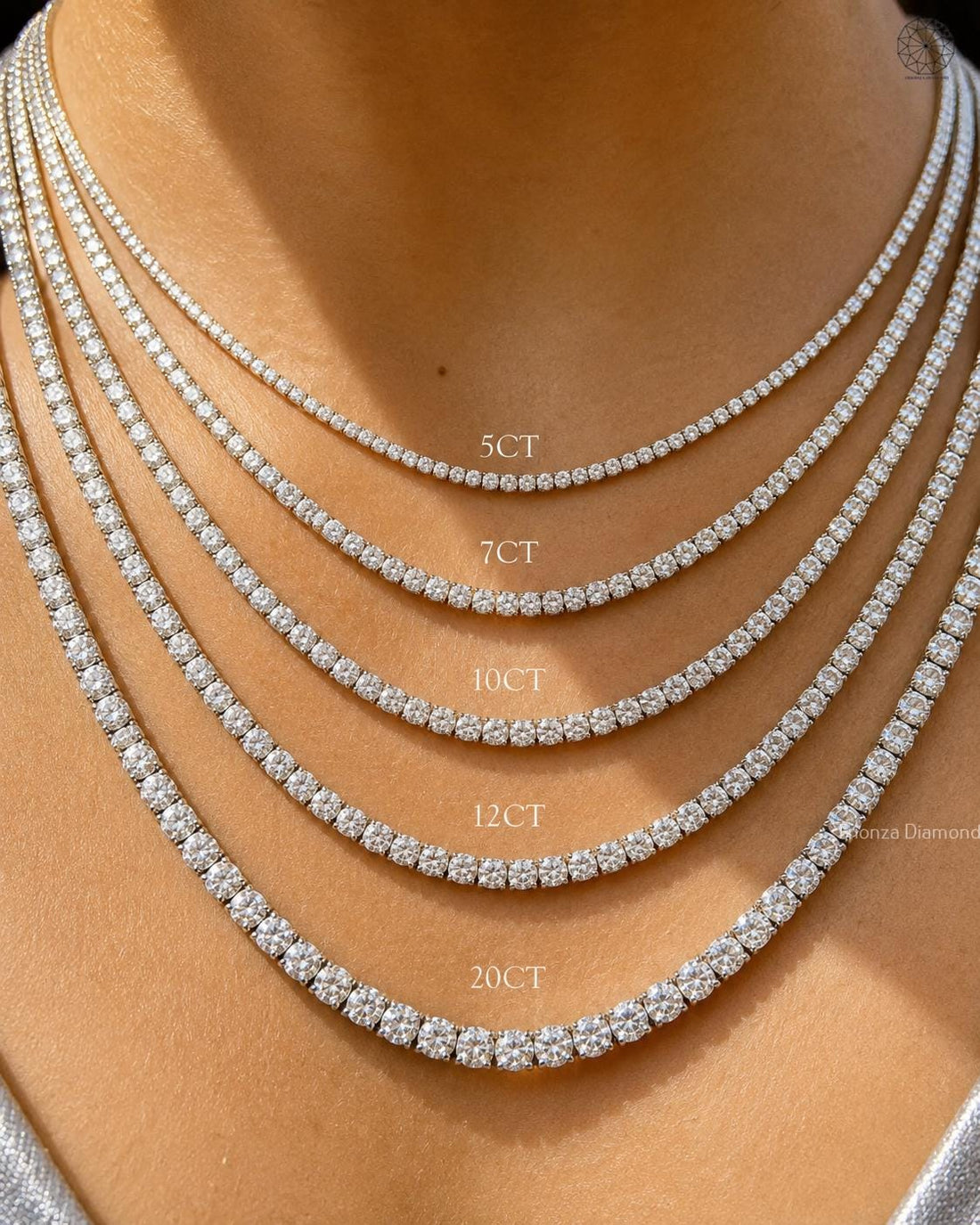 Round brilliant cut lab grown diamond tennis necklace in solid 14K gold with classic chain design