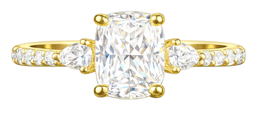 Gold ring with a large diamond and smaller diamonds on the band against a white background
