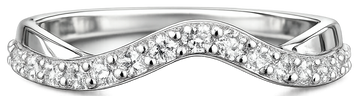 Silver ring with wavy design and embedded stones on a white background